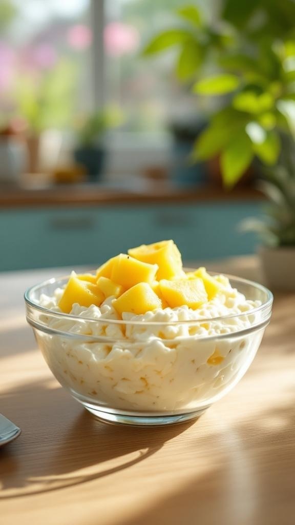 A bowl of cottage cheese topped with pineapple chunks, sitting on a wooden table with a plant in the background.