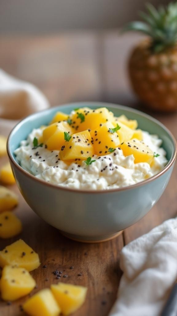 A bowl of cottage cheese topped with pineapple chunks and chia seeds, with a pineapple in the background.
