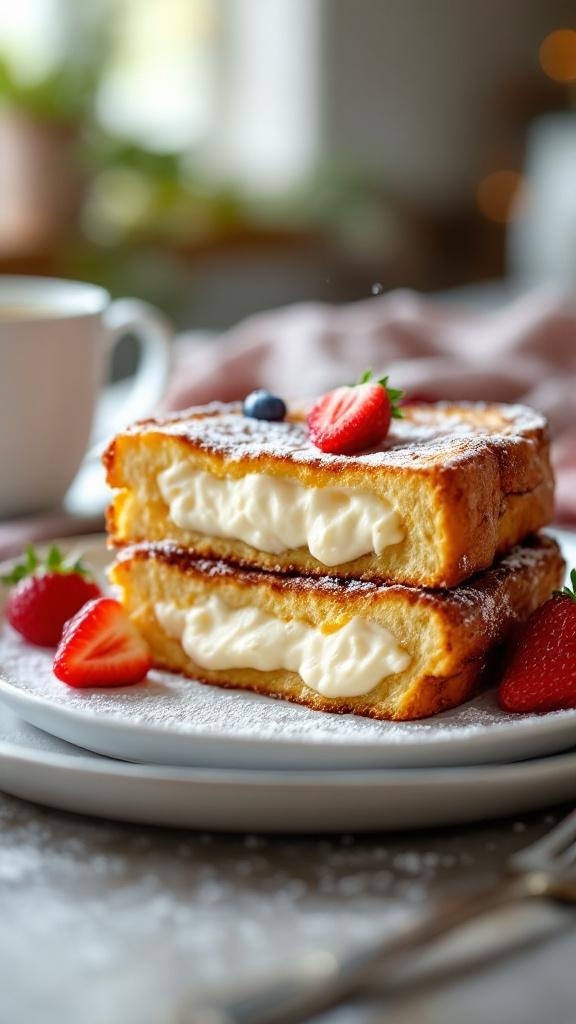 Cream cheese stuffed French toast with strawberries and blueberries on a plate