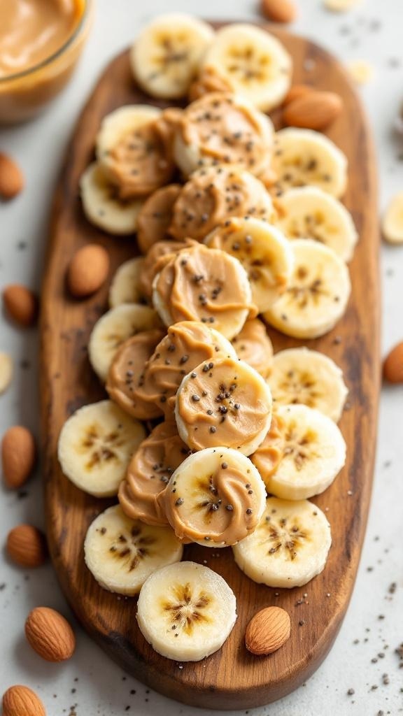 Creamy almond butter banana bites arranged on a wooden platter with almonds and chia seeds.
