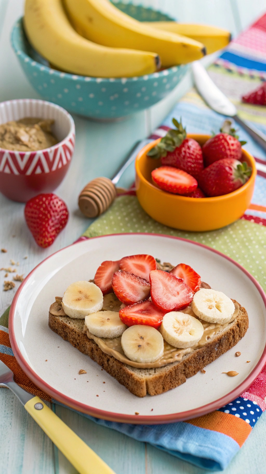 Creamy almond butter toast topped with banana and strawberry slices, served with a bowl of strawberries and bananas in the background.