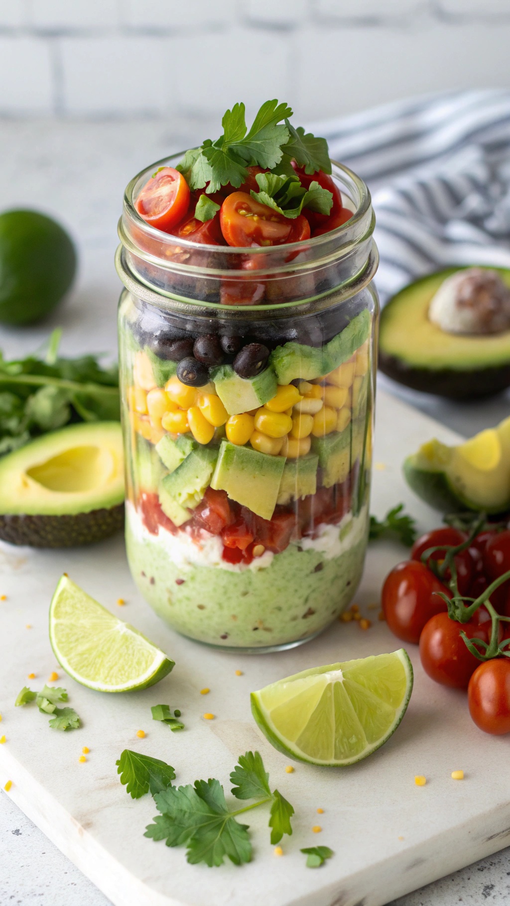 A colorful salad jar filled with layers of avocado, black beans, corn, tomatoes, and cilantro, with lime wedges on the side.