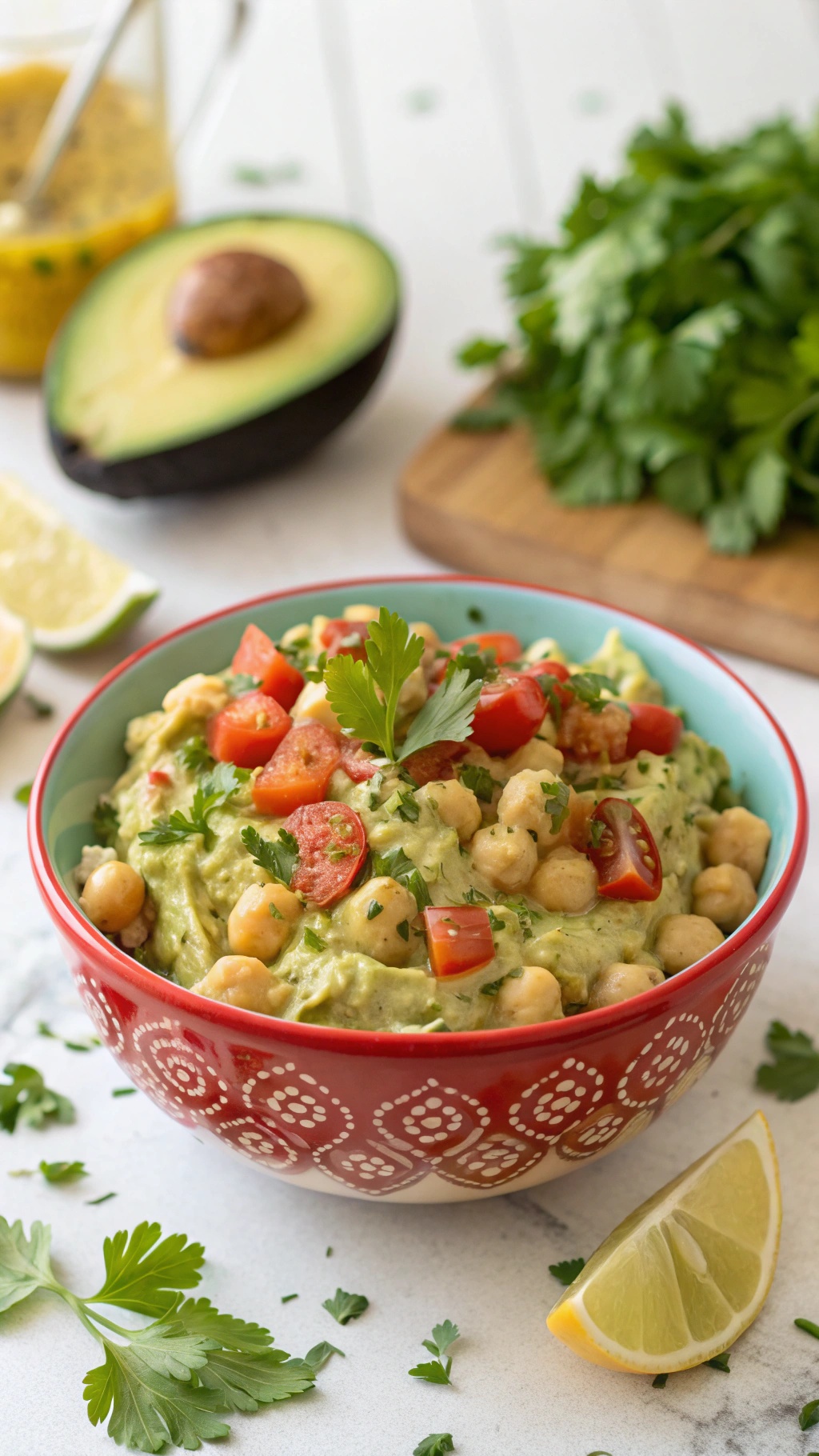 A colorful bowl of creamy avocado and chickpea salad topped with cherry tomatoes and cilantro.