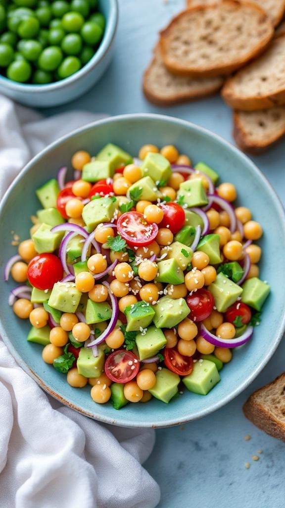 A colorful bowl of creamy avocado and chickpea salad with cherry tomatoes and red onion, served with slices of bread.
