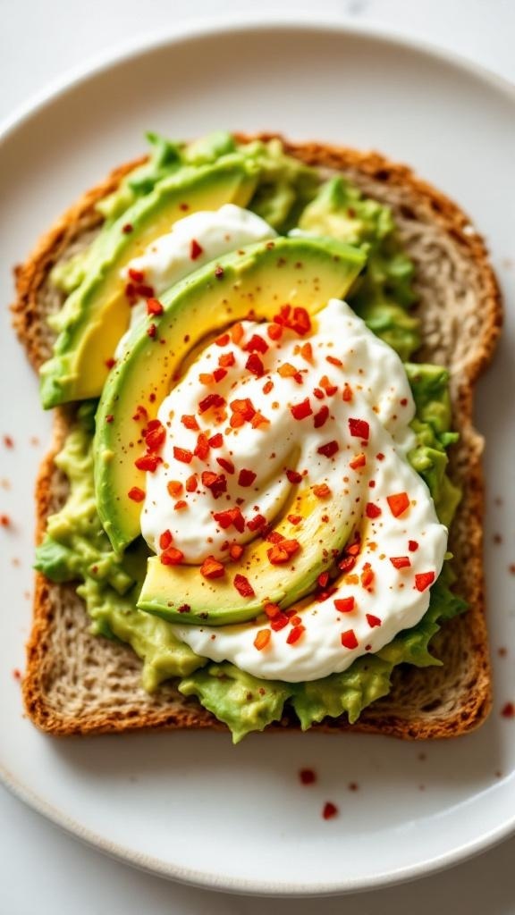 Creamy avocado and cottage cheese toast topped with red pepper flakes on a plate.