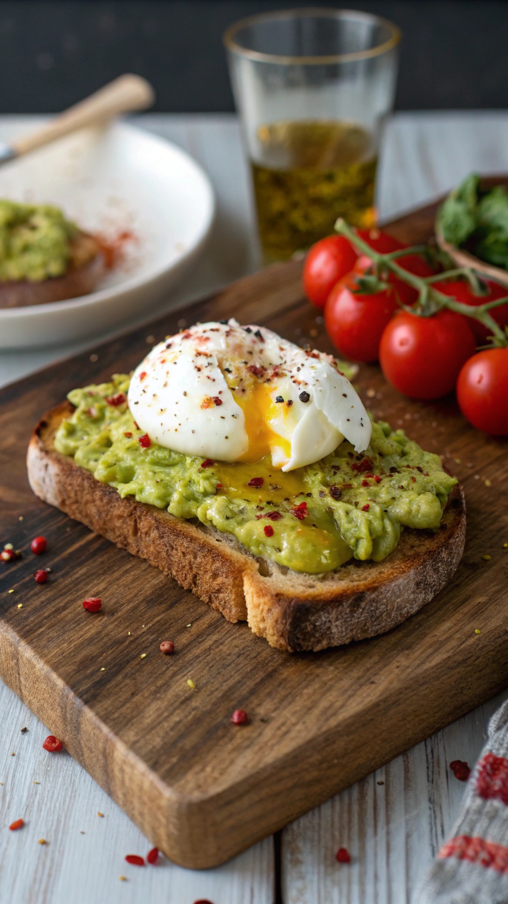 A slice of creamy avocado and egg toast topped with a poached egg, served with cherry tomatoes.