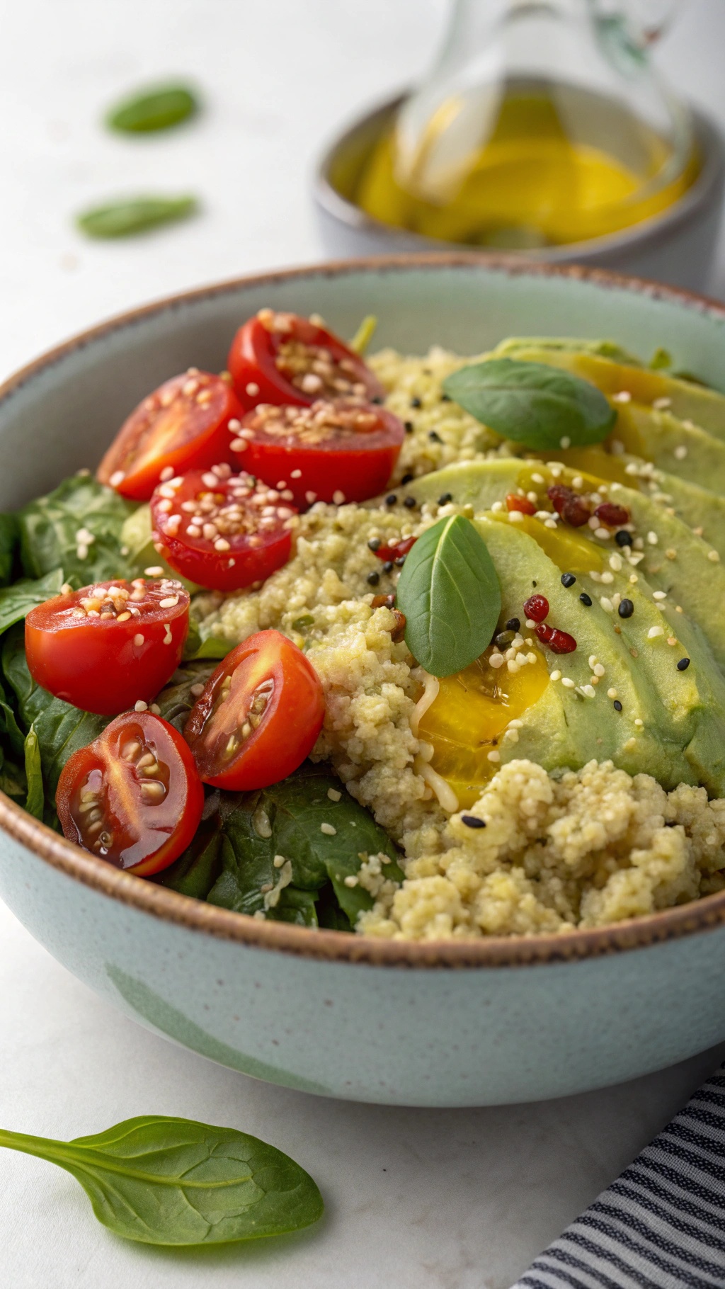 A bowl of creamy avocado and quinoa salad with cherry tomatoes and spinach.