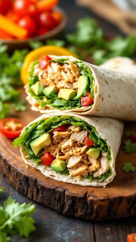 Creamy avocado and rotisserie chicken wraps on a wooden board with fresh ingredients.