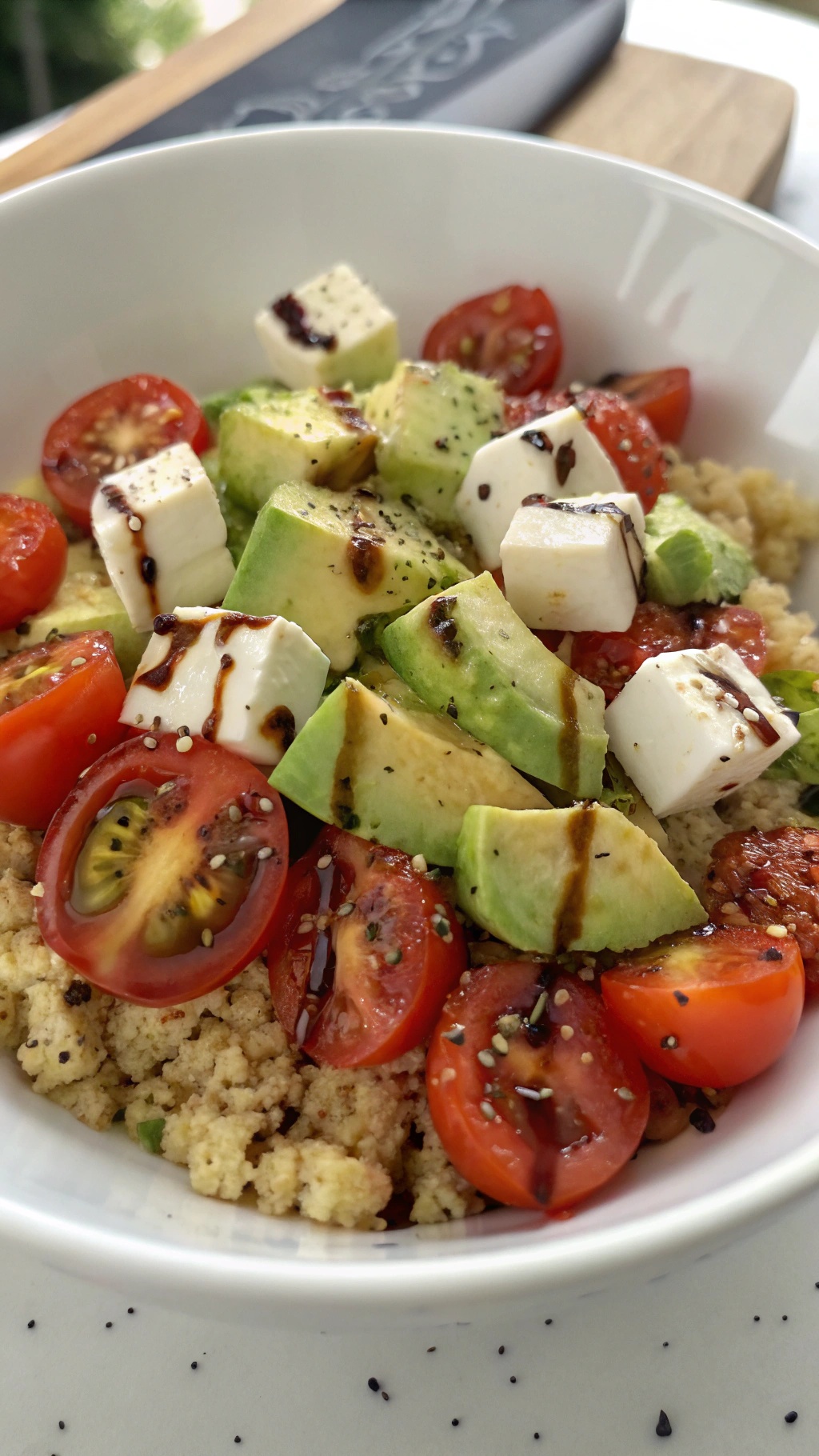 A bowl of creamy avocado and tomato quinoa salad topped with feta cheese and drizzled with balsamic vinegar.