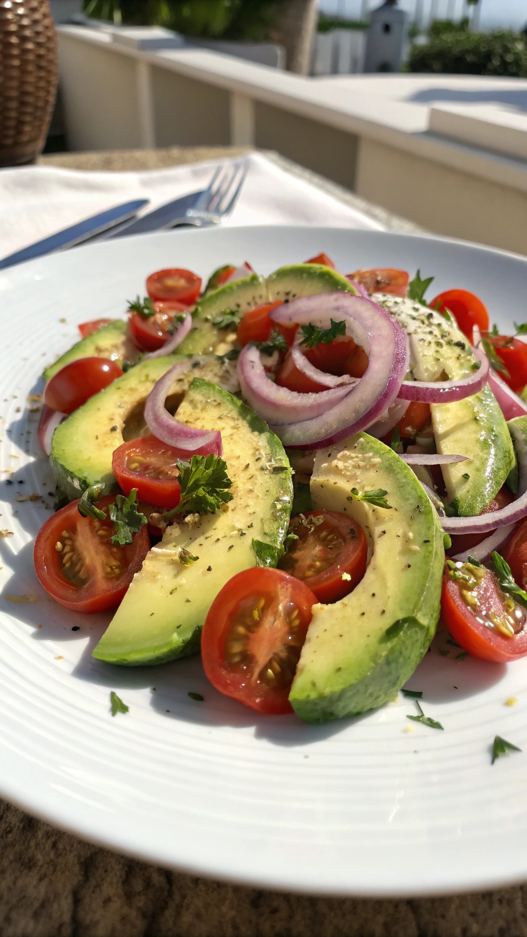 A vibrant salad with sliced avocados, cherry tomatoes, and red onions, garnished with herbs.