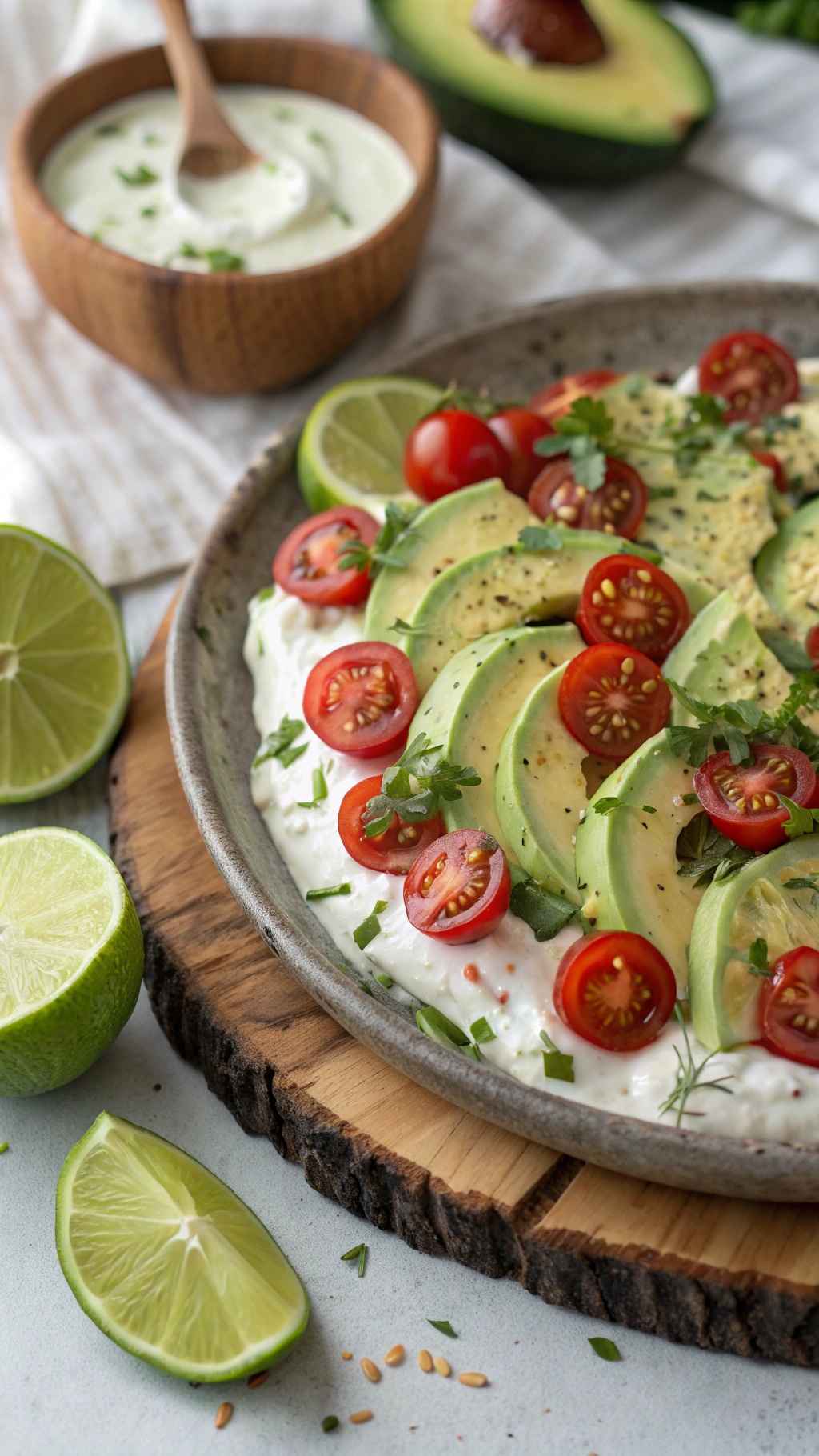 A creamy avocado and tomato salad topped with lime dressing, garnished with herbs and lime wedges.
