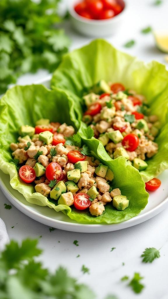 Creamy avocado and tuna salad lettuce wraps with cherry tomatoes and cucumbers on a plate.