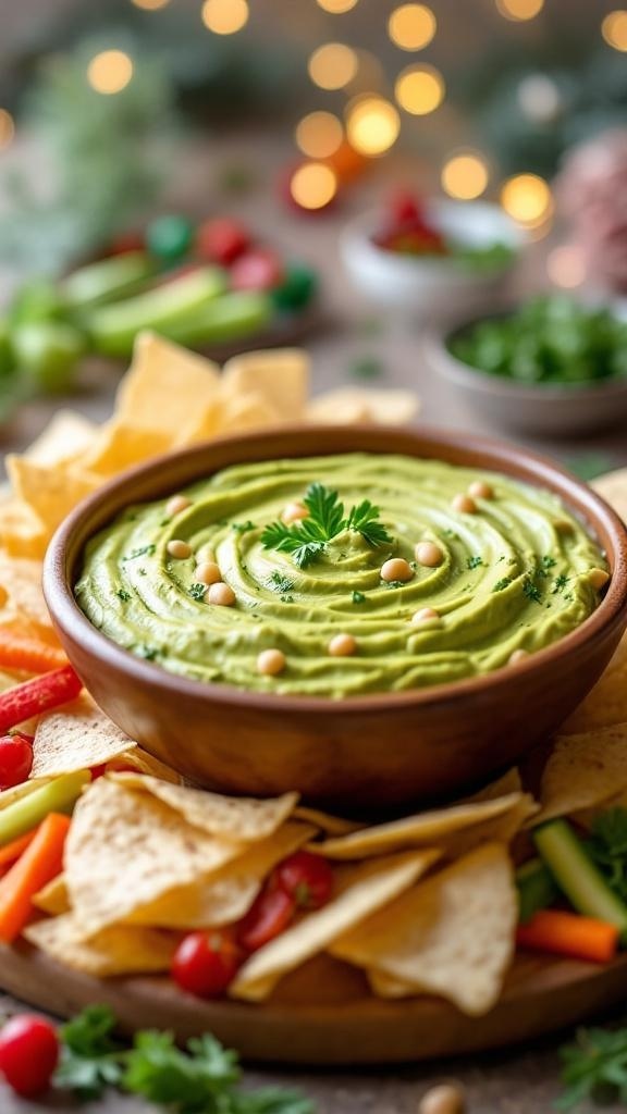 A creamy avocado and white bean dip served in a wooden bowl, surrounded by chips and colorful vegetables.