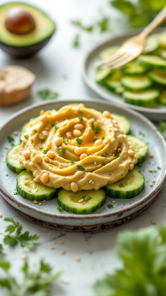 Creamy avocado and white bean hummus served on cucumber slices, garnished with pine nuts and sesame seeds.