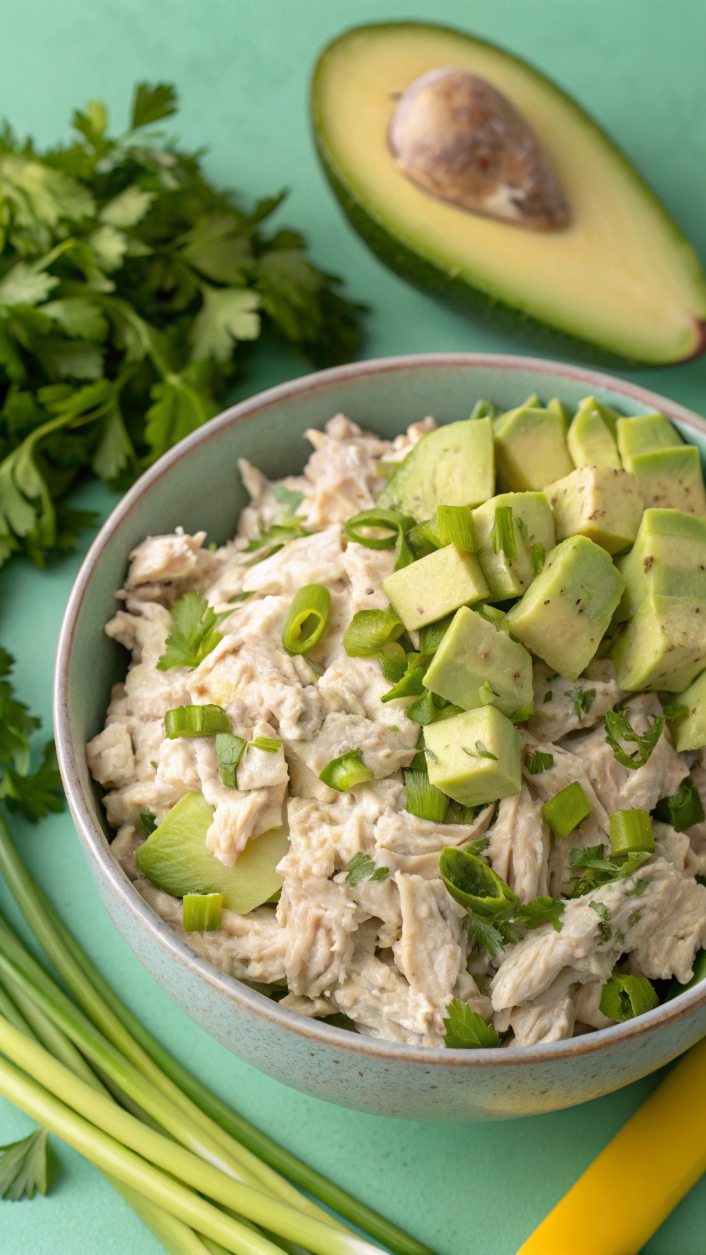 Creamy avocado chicken salad served in an avocado half, topped with green apple and cilantro.