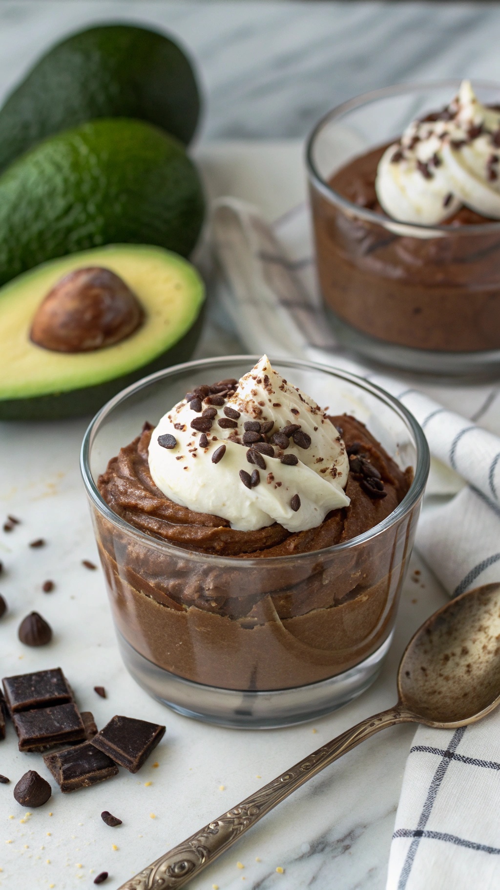 A delicious creamy avocado chocolate mousse served in glass cups, topped with whipped cream and chocolate shavings, with avocados in the background.
