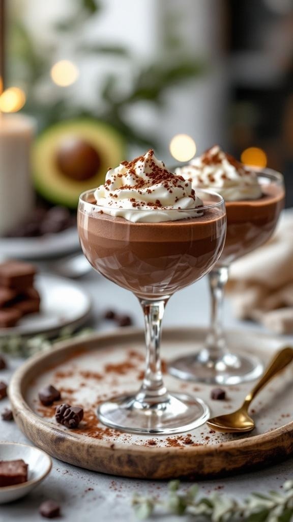 Creamy avocado chocolate mousse served in elegant glasses, topped with whipped cream and cocoa powder.