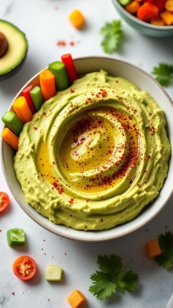 A bowl of creamy avocado hummus garnished with olive oil and paprika, surrounded by colorful vegetable sticks.
