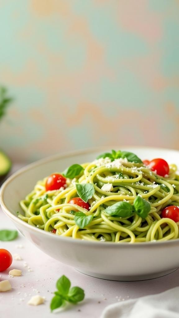 A bowl of creamy avocado pasta topped with cherry tomatoes and fresh basil.