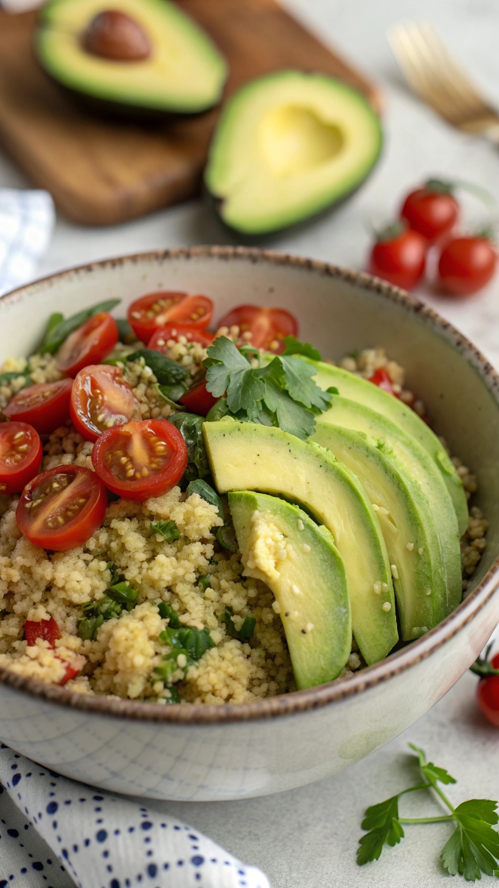 A bowl of creamy avocado quinoa salad topped with cherry tomatoes and fresh herbs.