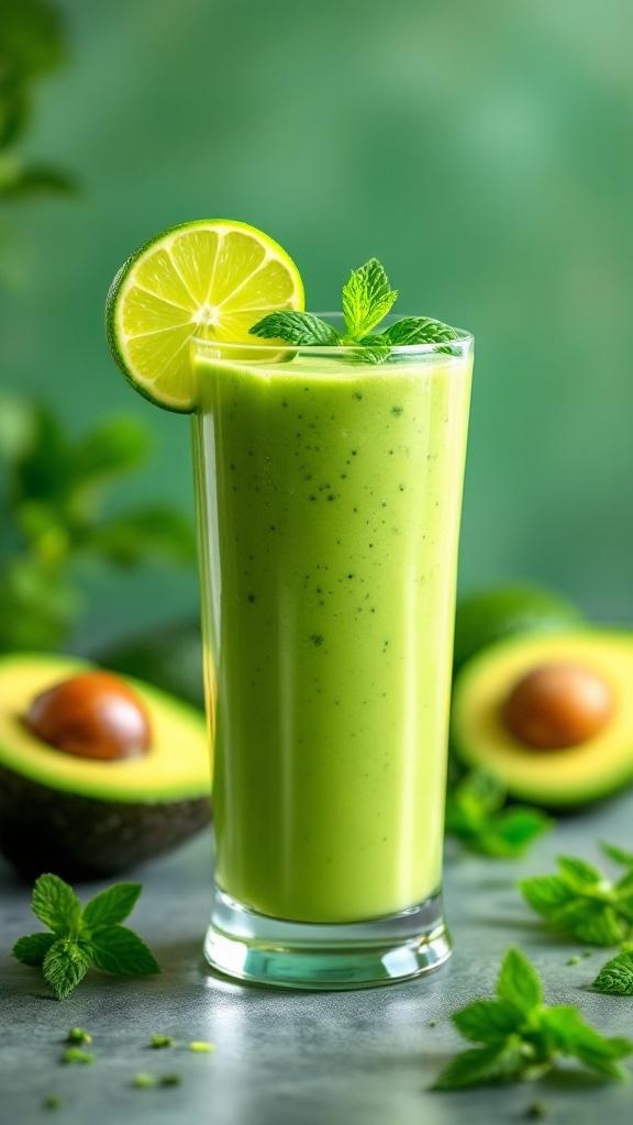 A refreshing creamy avocado smoothie in a glass, garnished with a lime slice and mint leaves.