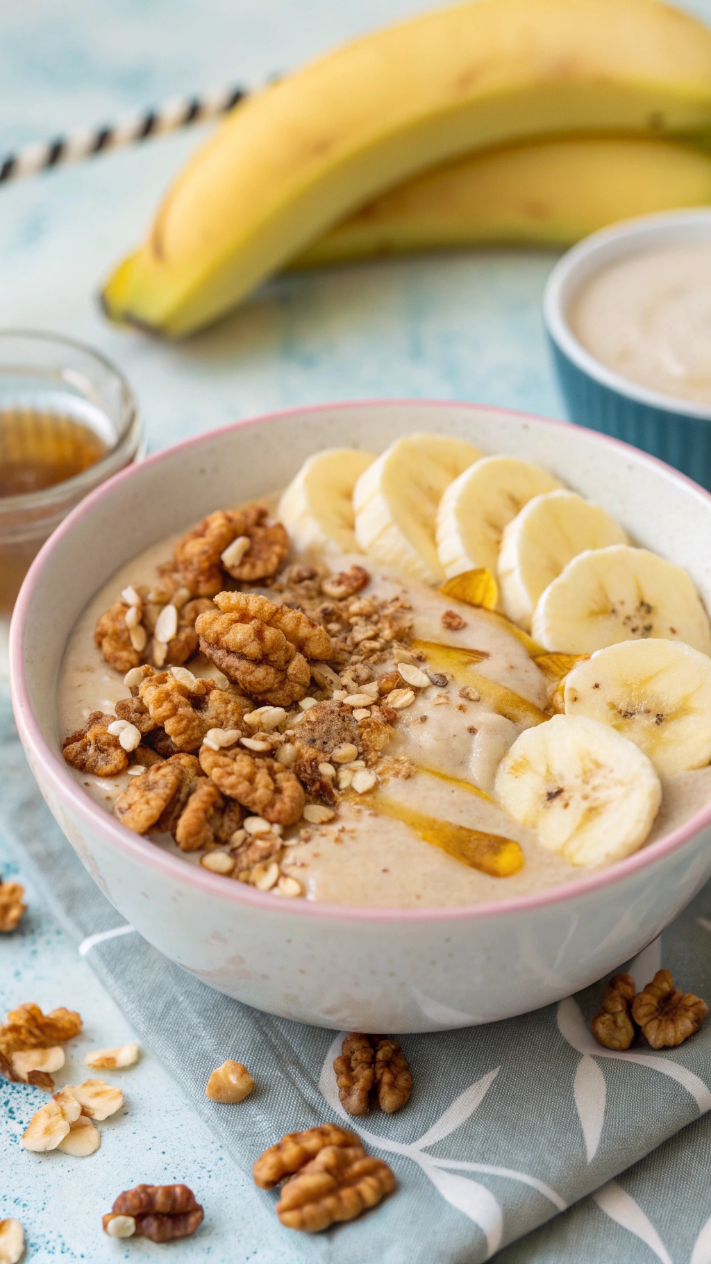 A creamy banana nut smoothie bowl topped with banana slices, walnuts, and honey.