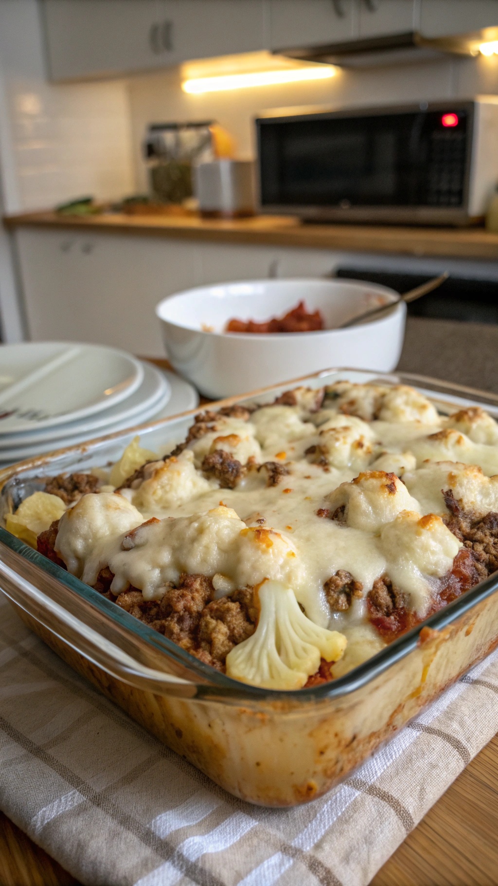 A delicious creamy beef and cauliflower casserole in a glass baking dish, topped with melted cheese.