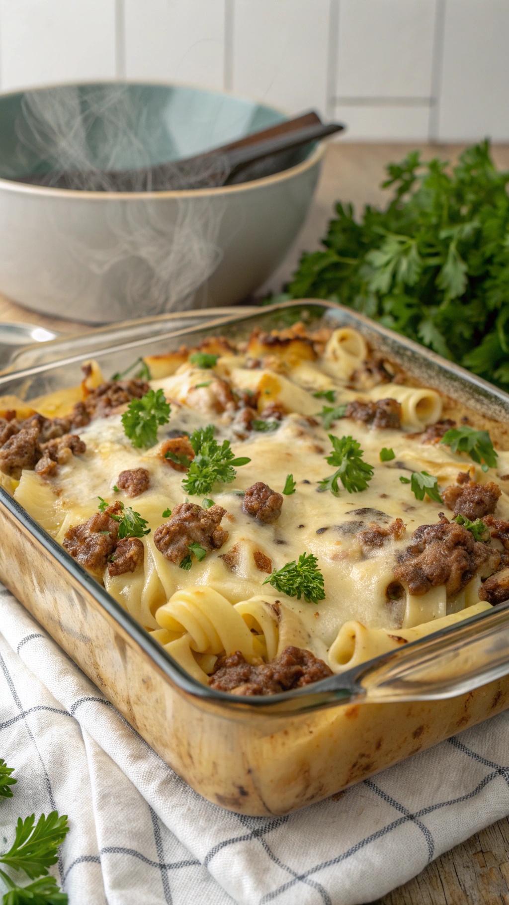 Creamy Beef and Mushroom Pasta Bake with melted cheese and parsley on top