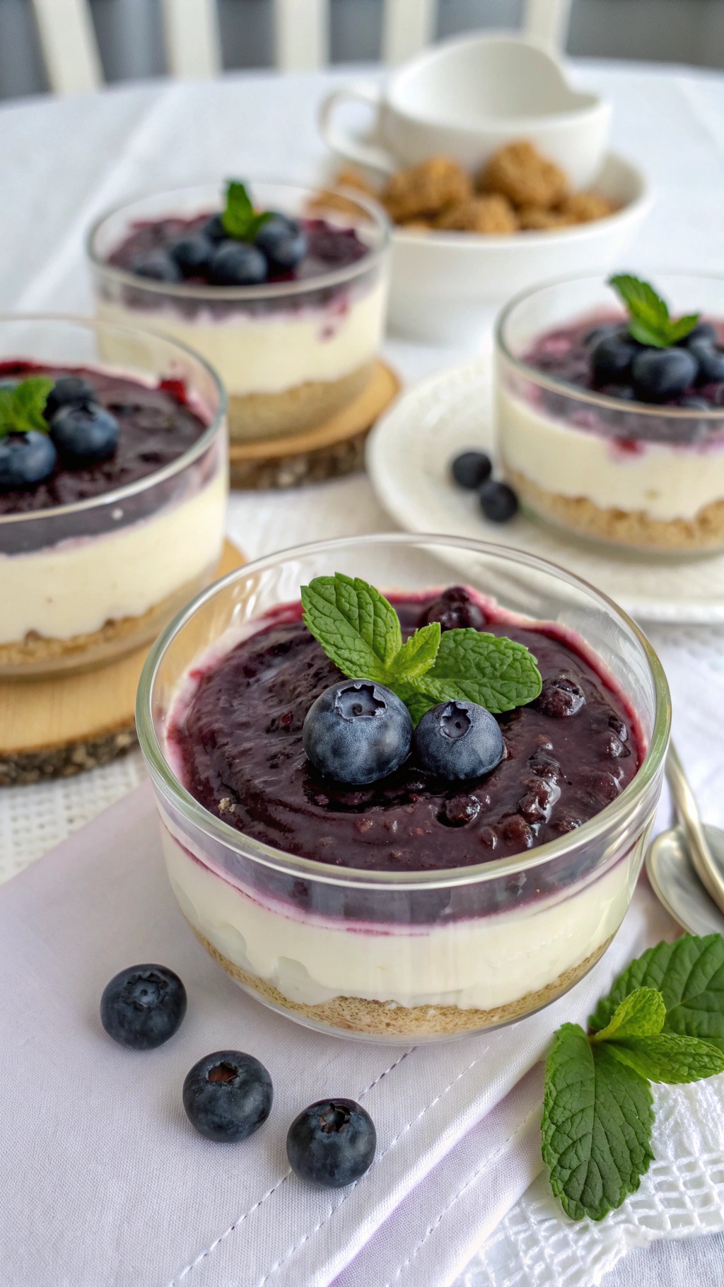 Creamy blueberry cheesecake in a bowl with layers of graham cracker crust, cream cheese filling, and blueberry topping, garnished with mint leaves.