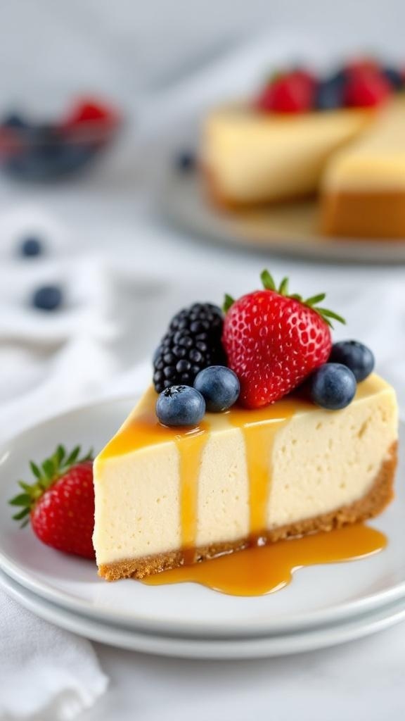A slice of creamy cashew cheesecake topped with fresh berries and caramel sauce on a white plate.