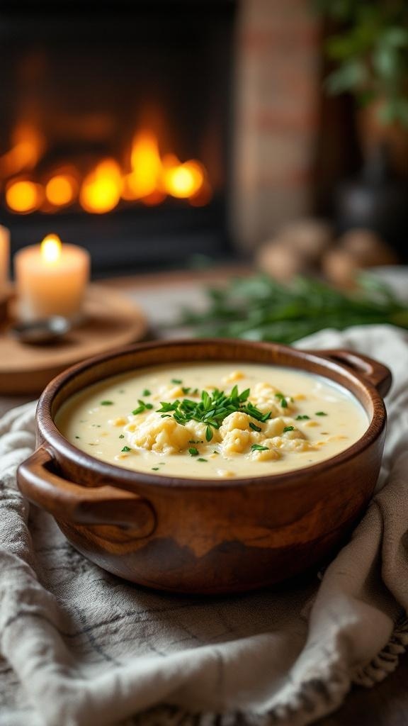 A bowl of creamy cauliflower and cheese soup with herbs, placed near a cozy fireplace.
