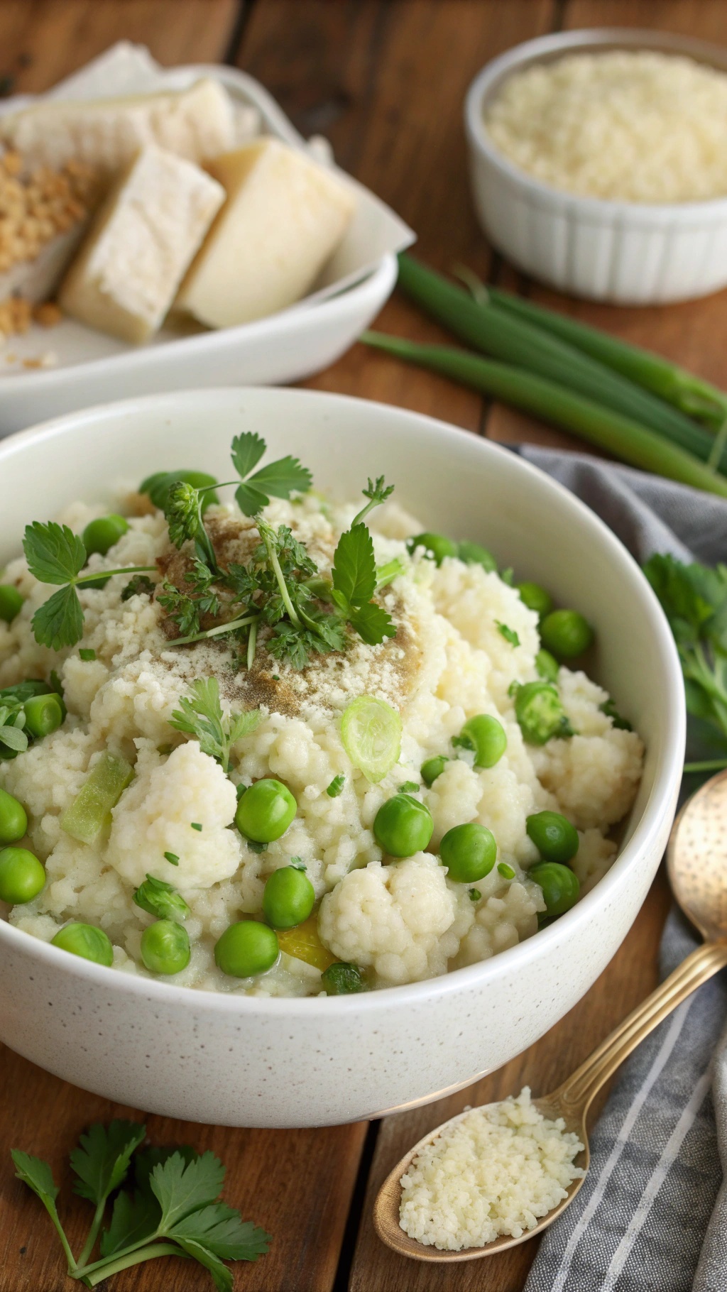 A bowl of creamy cauliflower risotto with peas and herbs, garnished with fresh herbs.