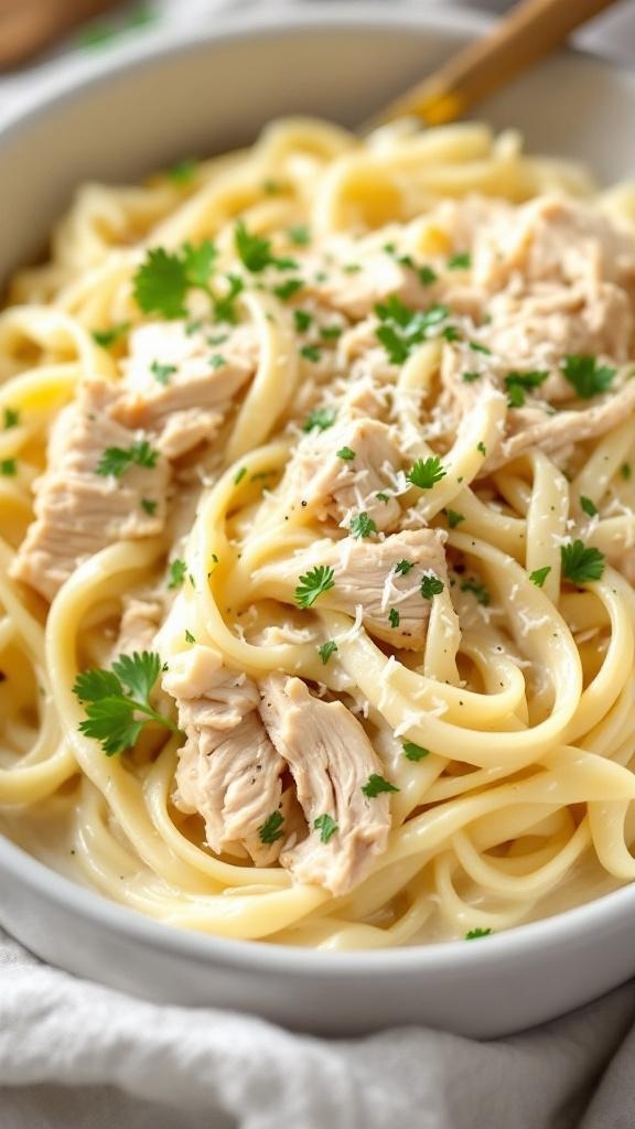 Creamy Chicken Alfredo Pasta with rotisserie chicken and parsley in a bowl.