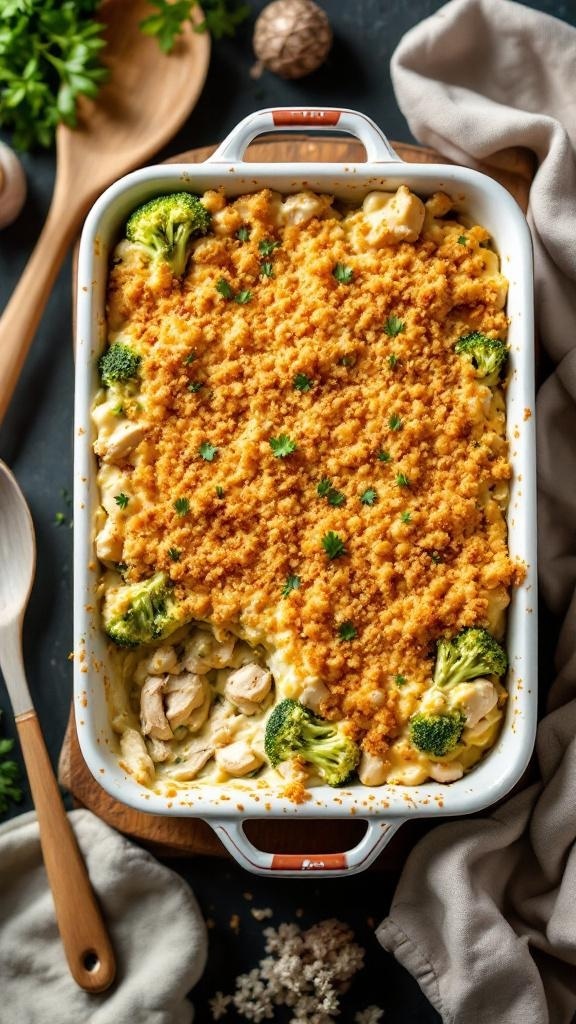 A creamy chicken and broccoli casserole topped with breadcrumbs, served in a white baking dish.