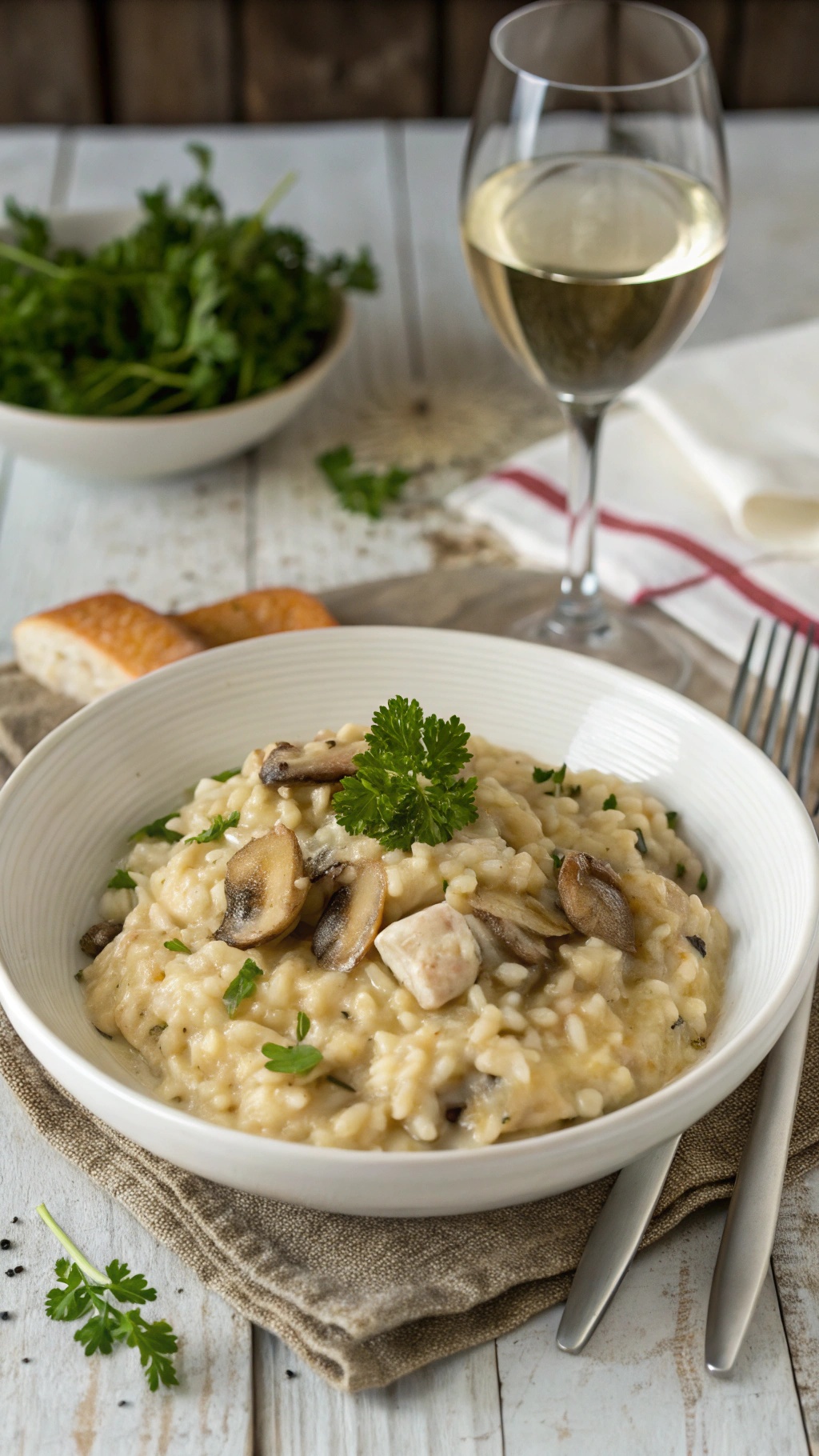 A bowl of creamy chicken and mushroom risotto garnished with parsley, served with a glass of white wine.