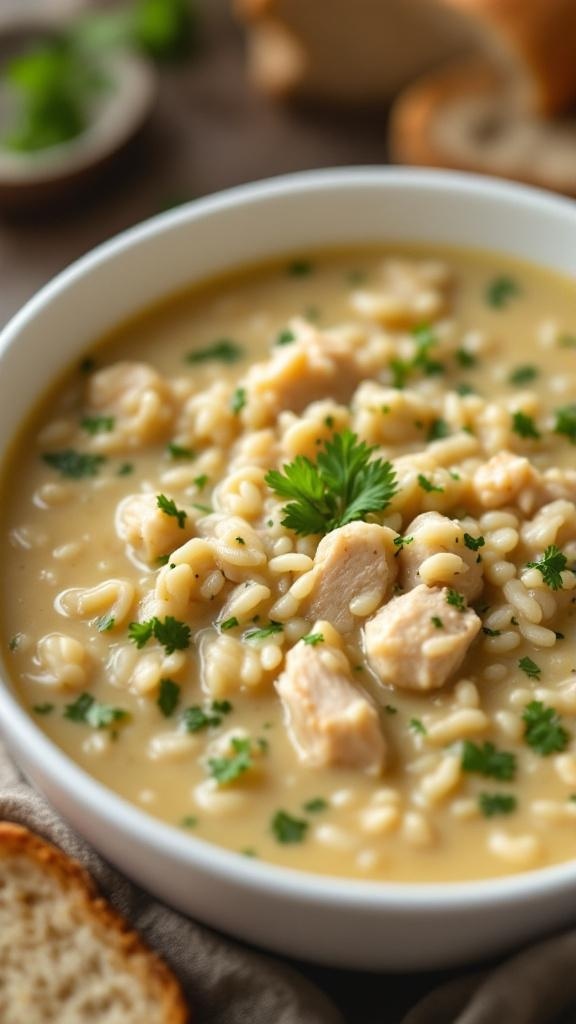 A bowl of creamy chicken and wild rice soup with fresh herbs and bread on the side.