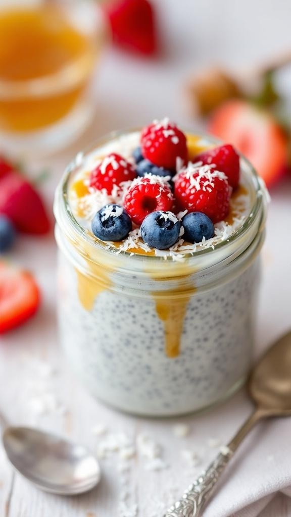 A jar of creamy coconut chia pudding topped with fresh berries and shredded coconut.