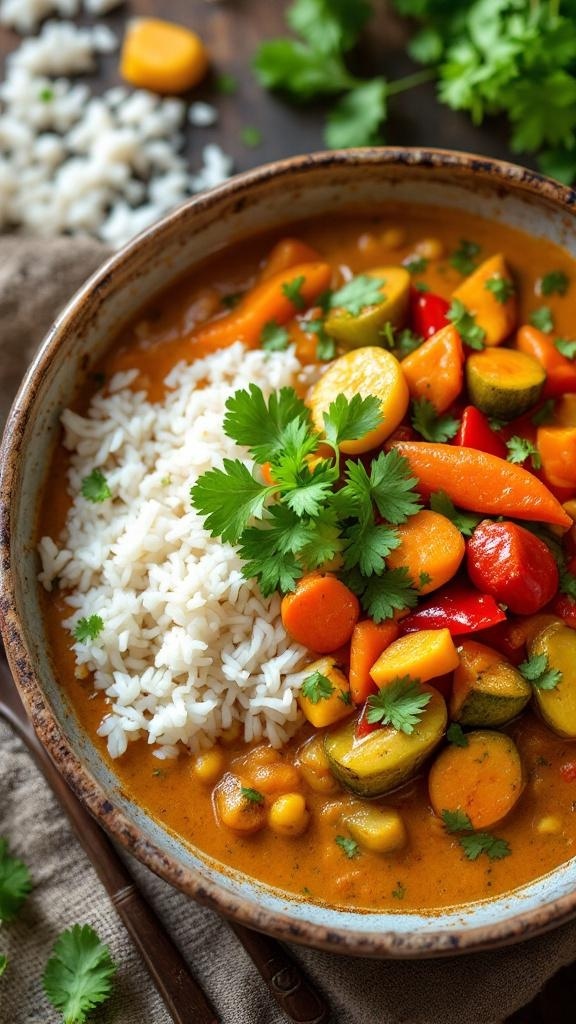 A bowl of creamy coconut curry with seasonal vegetables and rice, garnished with fresh cilantro.