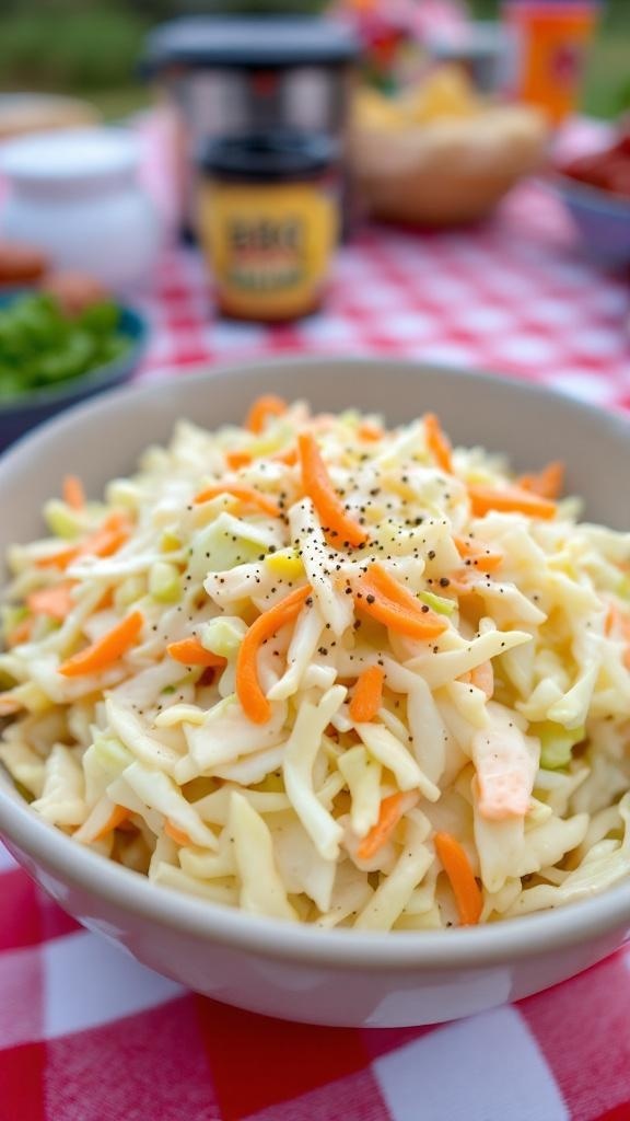 A bowl of creamy coleslaw with shredded cabbage and carrots, sprinkled with black pepper, on a checkered tablecloth.
