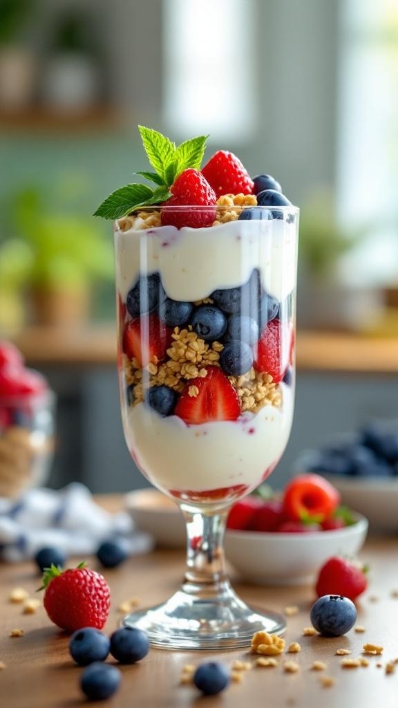 A creamy cottage cheese and berry parfait in a tall glass, layered with strawberries, blueberries, and granola.