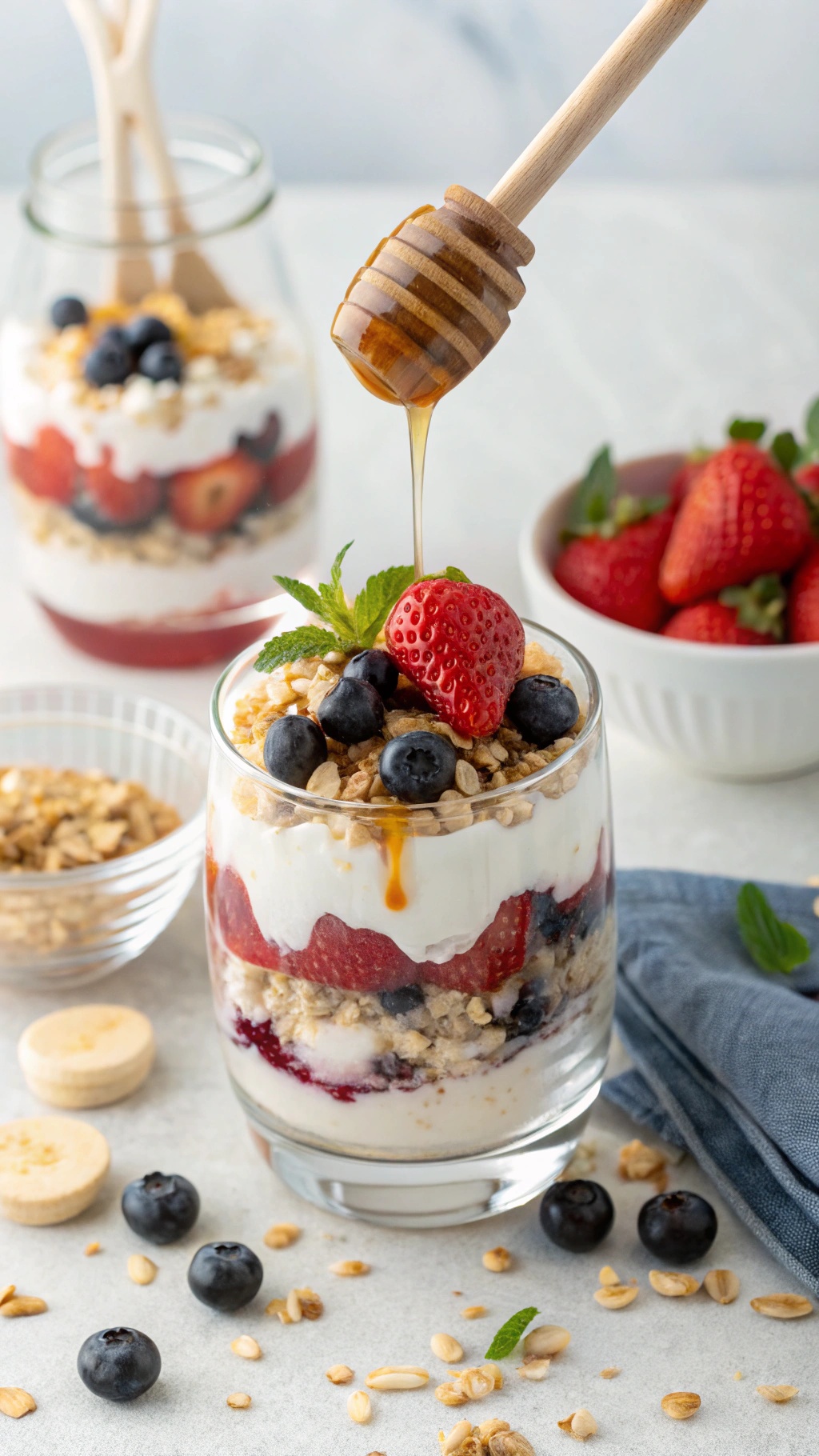 A delicious creamy cottage cheese and berry parfait topped with honey and fresh mint.