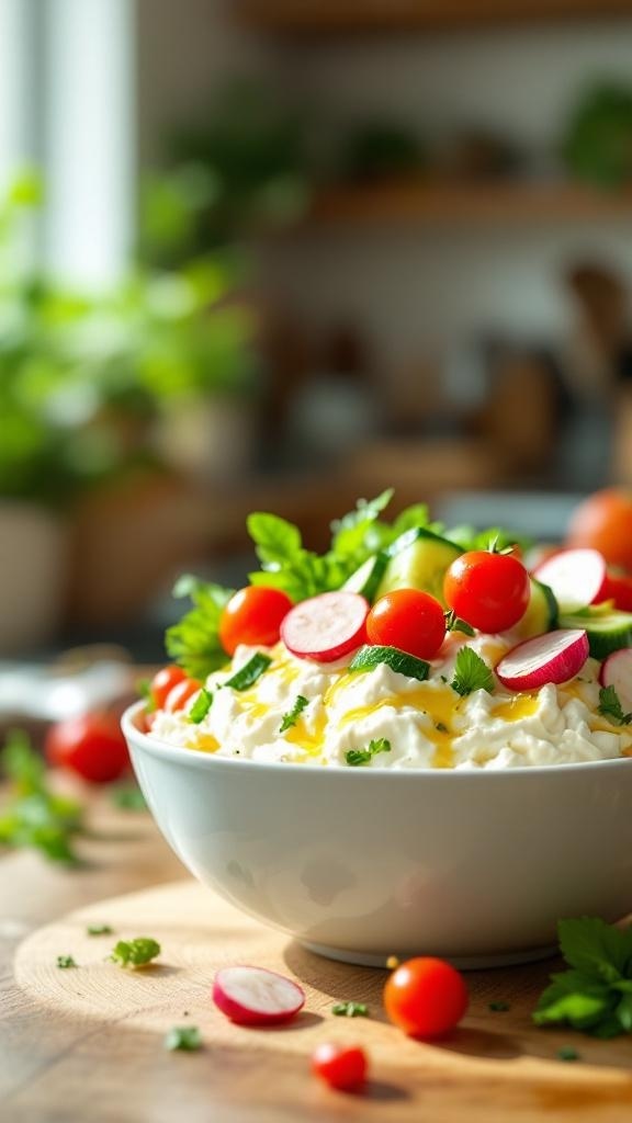 A creamy cottage cheese and veggie bowl with cherry tomatoes, radishes, and parsley.