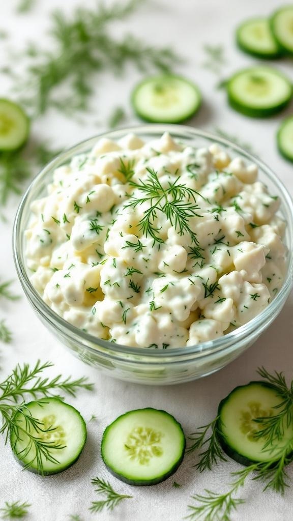 A bowl of creamy cucumber salad garnished with dill, surrounded by cucumber slices.