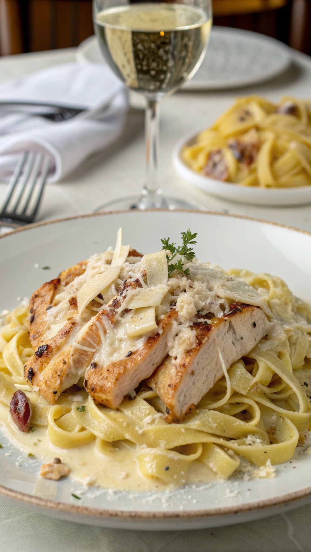 A plate of creamy garlic chicken pasta with grilled chicken and fettuccine, garnished with herbs.