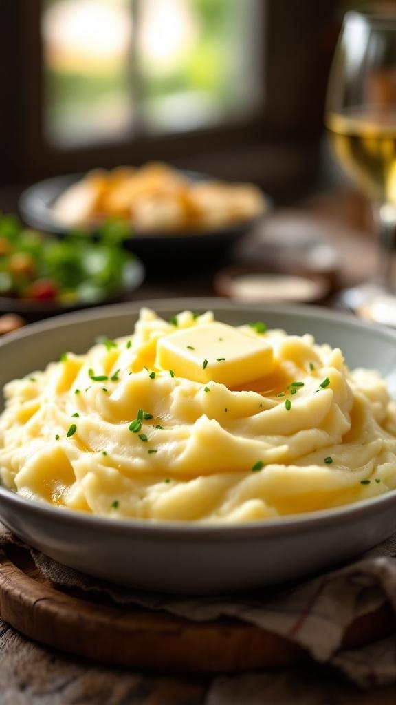 A bowl of creamy garlic mashed potatoes topped with butter and chives, served on a wooden board.