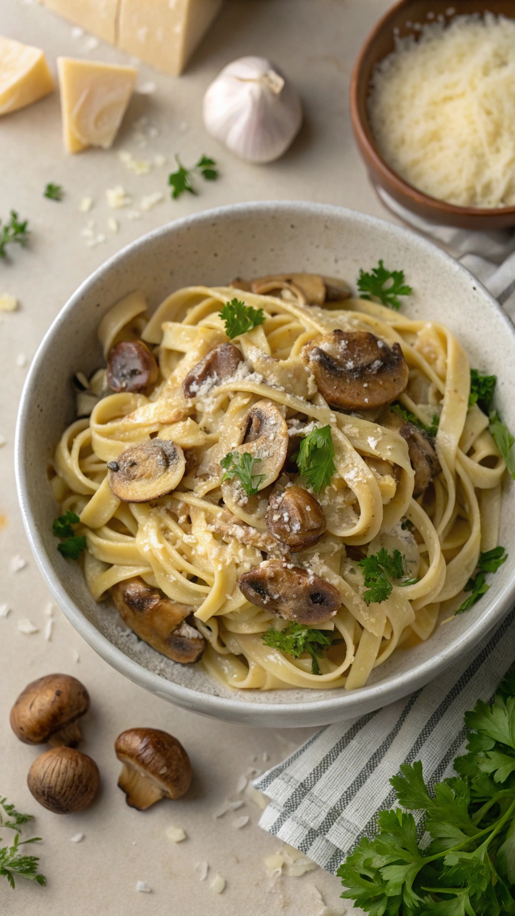 A bowl of creamy garlic mushroom pasta garnished with parsley and cheese.