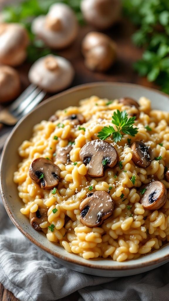 A bowl of creamy garlic mushroom risotto topped with sliced mushrooms and parsley, with mushrooms in the background.