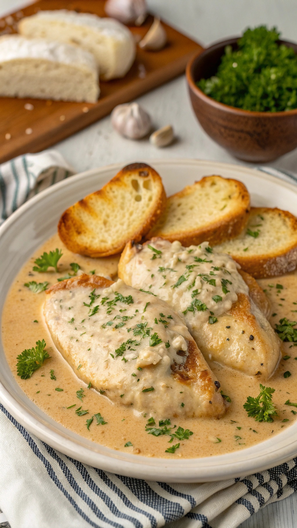 Creamy garlic parmesan chicken breasts served with toasted bread and garnished with parsley.
