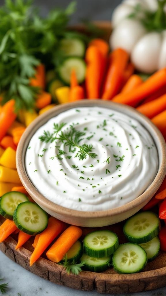A creamy Greek yogurt dip surrounded by fresh vegetables like carrots and cucumbers.