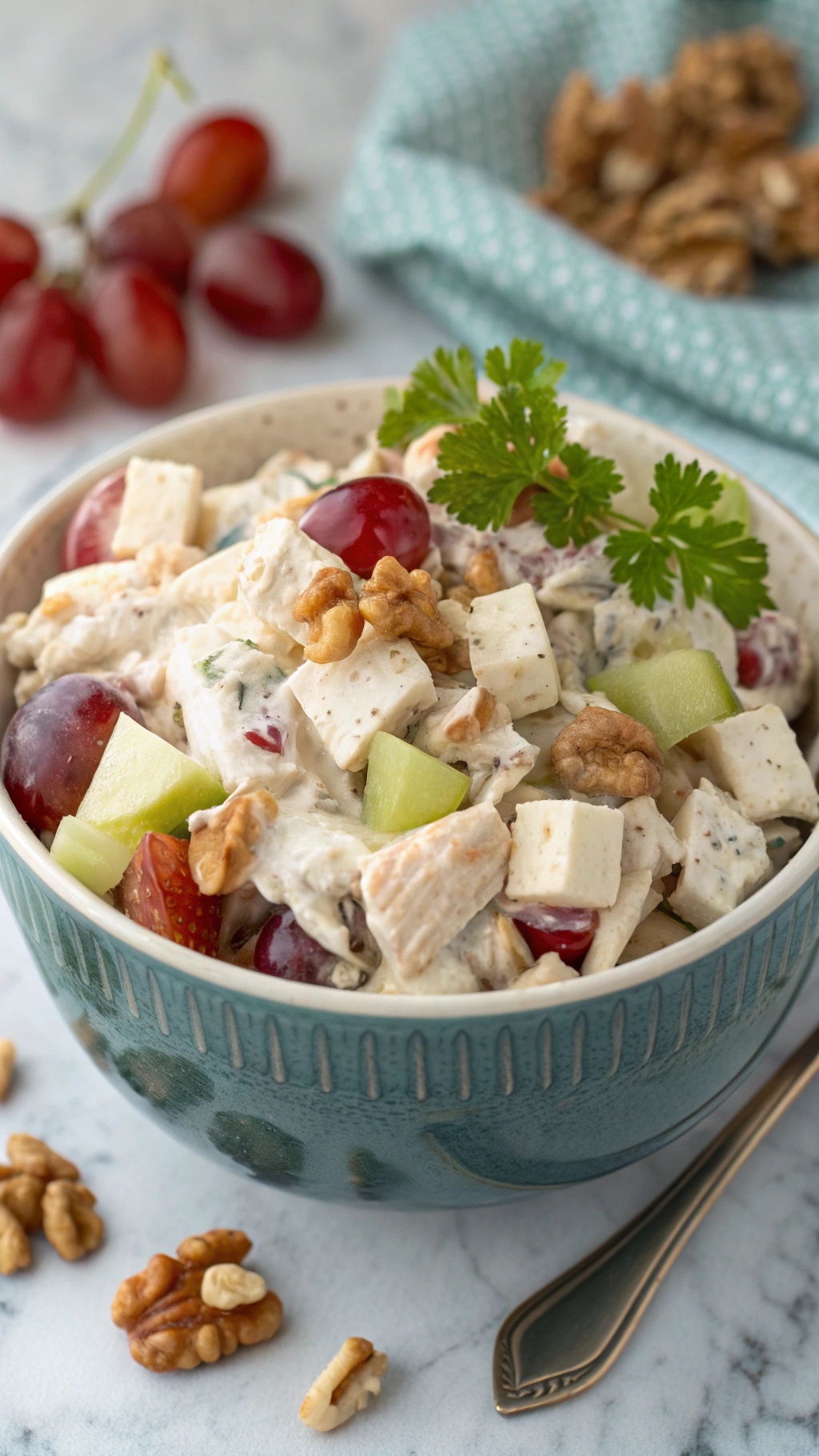 A bowl of creamy Greek yogurt chicken salad with grapes, apples, and walnuts, garnished with parsley.